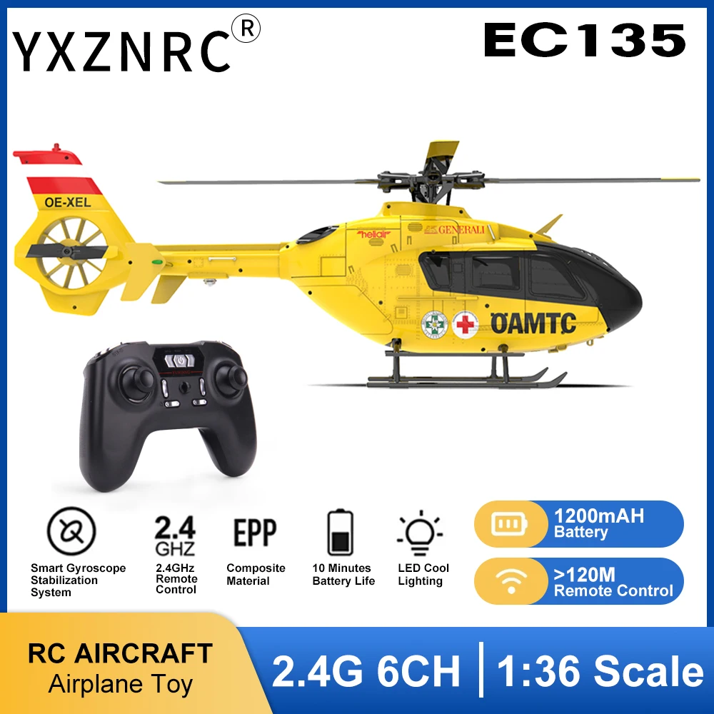 YXZNRC-Hélicoptère RC EC135 avec gyroscope à 6 axes, 2.4G, 6CH, échelle 1:36, positionnement de flux optique Flybarless, maintien d'altitude, lumière LED