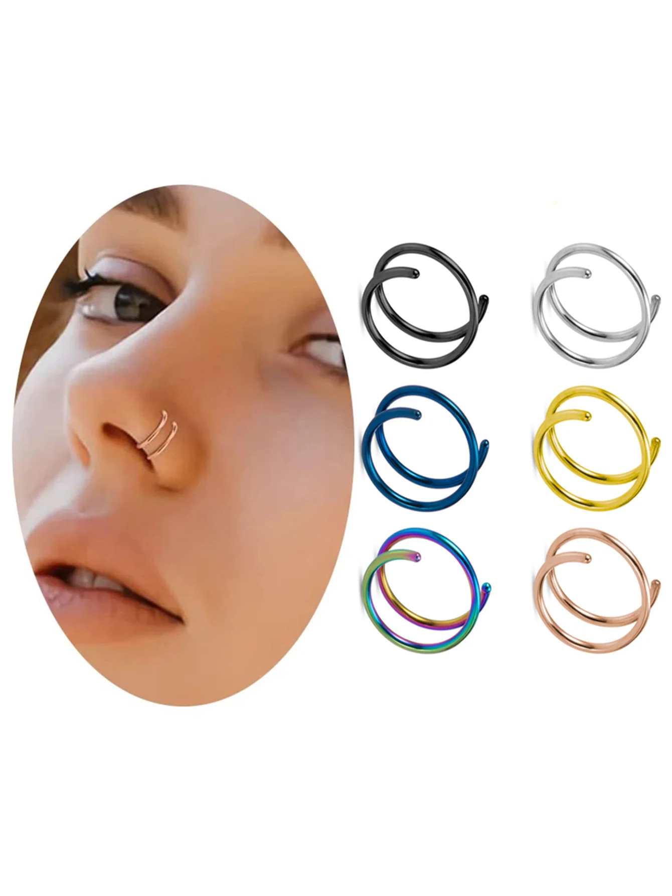 2pcs Fashion Stainless Steel Double Nose Ring Spiral Nose Septum Piercing Cartilage Hoop Earrings Tragus Helix Nostril Jewelry