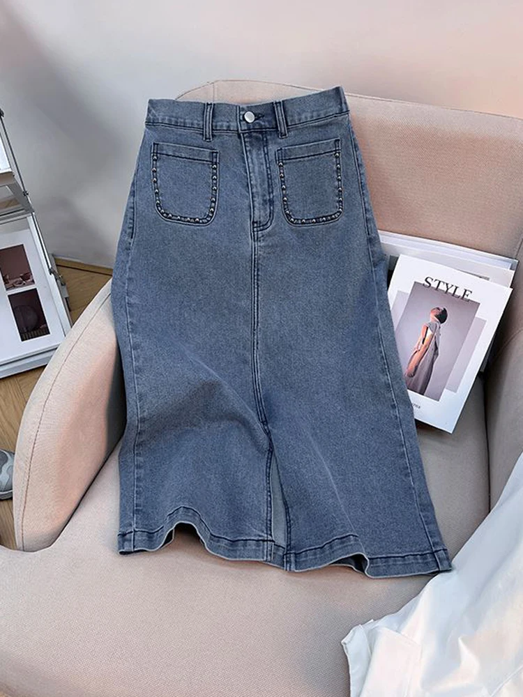 Retro Denim Skirt Women Summer New Elastic High Waisted Split A-line Mid Length Jean Skirt Fashion Rivet Double Pocket Skirts