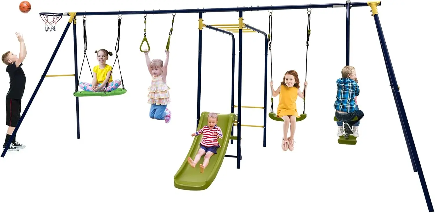 スイングセット、660ポンド 7-in-1 高耐久スイングセット 屋外用 子供用 Aフレームメタルスイングスタンド付き スイング2個 グライダー ジムリング スライド M