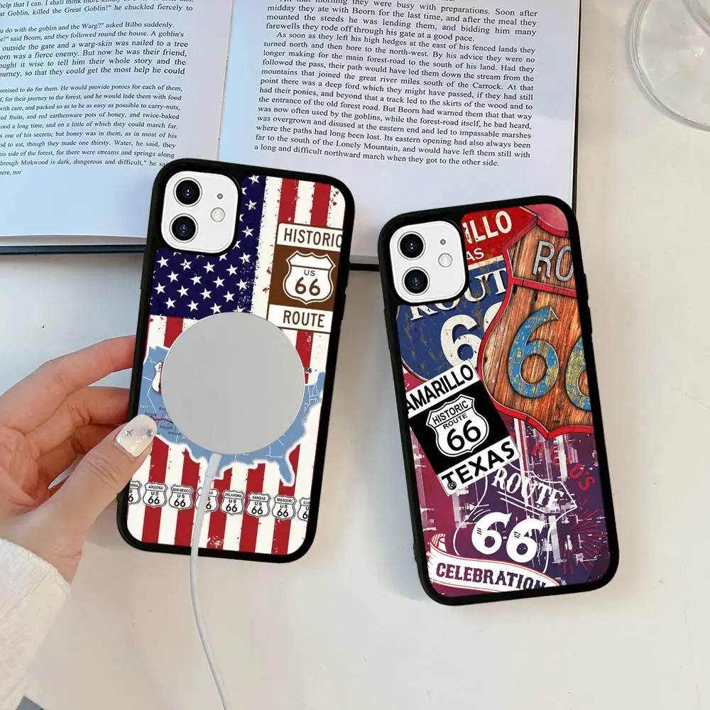 

America Route 66 Magnetic Matte Phone Case For IPhone 16 17 15 14 13 12 11 For Magsafe Wireless Charge Cover