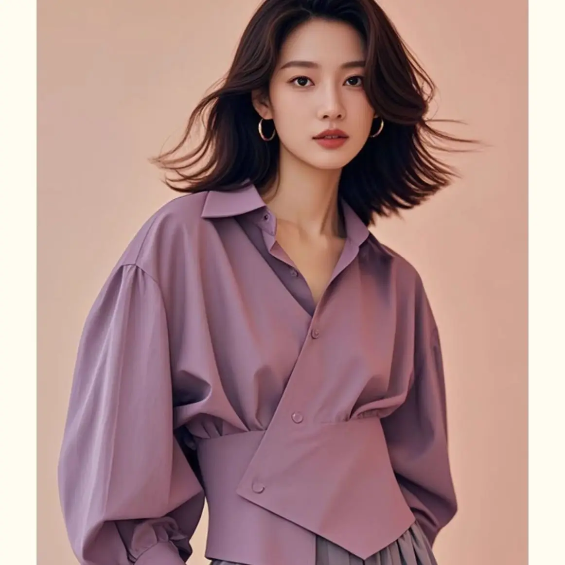 Korean Style Taro Purple Waist Cinched Lantern Sleeve Shirt for Women in Early Spring New Cool Style High-end and Niche Top