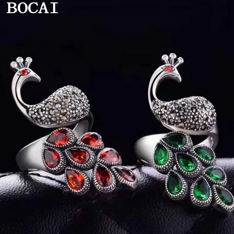 

BOCAI NEW S925 Pure Silver Jewelry Fashion Retro National Style Women's Ring Inlaid Zircon Trendy Birthday Gifts