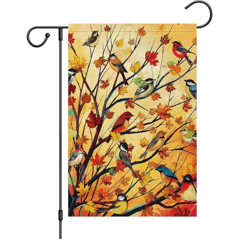1Pc Ktka Louise Maelys Welcome Fall Garden Flag Double Sided, Small Burlap Autumn Maple Tree Birds Thanksgiving Outside Outdoor