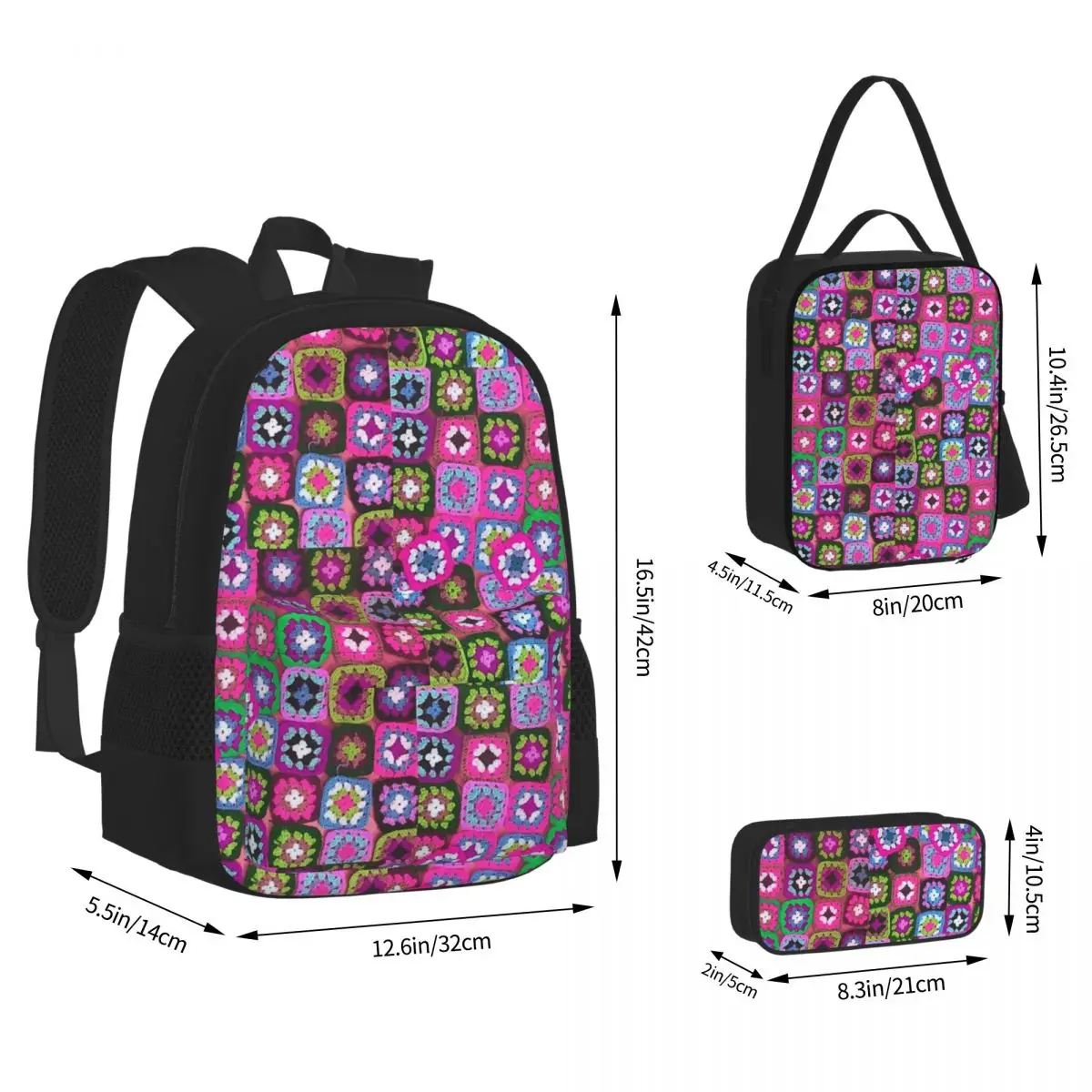 Crochet Blanket Granny Square Vintage Backpacks Kids Bookbag School Bags Rucksack Lunch Bag Pen Bag Three-Piece Set