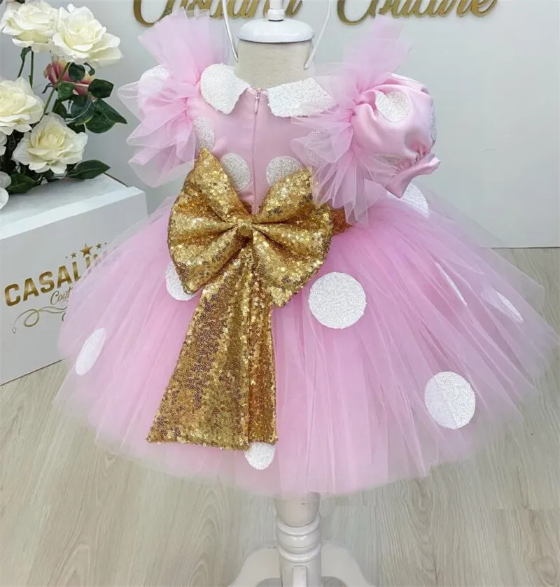 Princess Flower Girl Dress For Wedding Pink Knee Length With Big Gold Sequin Bow Wedding Party Dress Kids Puffy Ball Gown