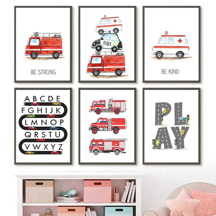 Kids Room Decor Alphabet Learning Vehicles Canvas   Fire Truck  Ambulance Nursery Wall Posters