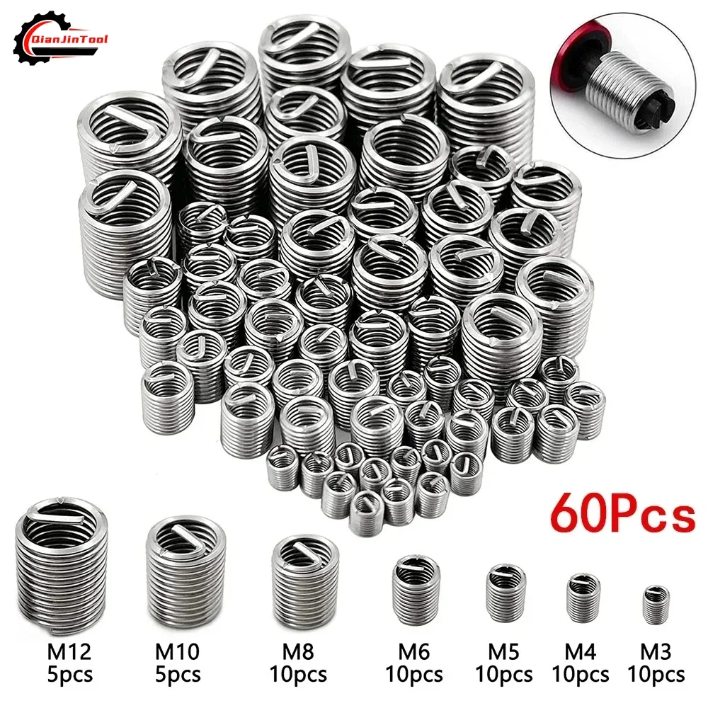 60Pcs Wire Thread Insert M3 M4 M5 M6 M8 M10 M12 Fastening Thread Insert Stainless Steel Spiral Wire Screw Sleeve Wear Repair Kit