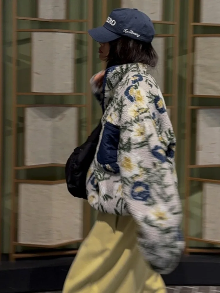 Chic Winter New Vintage Lamb Fur Floral Patchwork Color Coat Women Loose Nordic Sle Warmth Trendy Outerwear ort Jaet