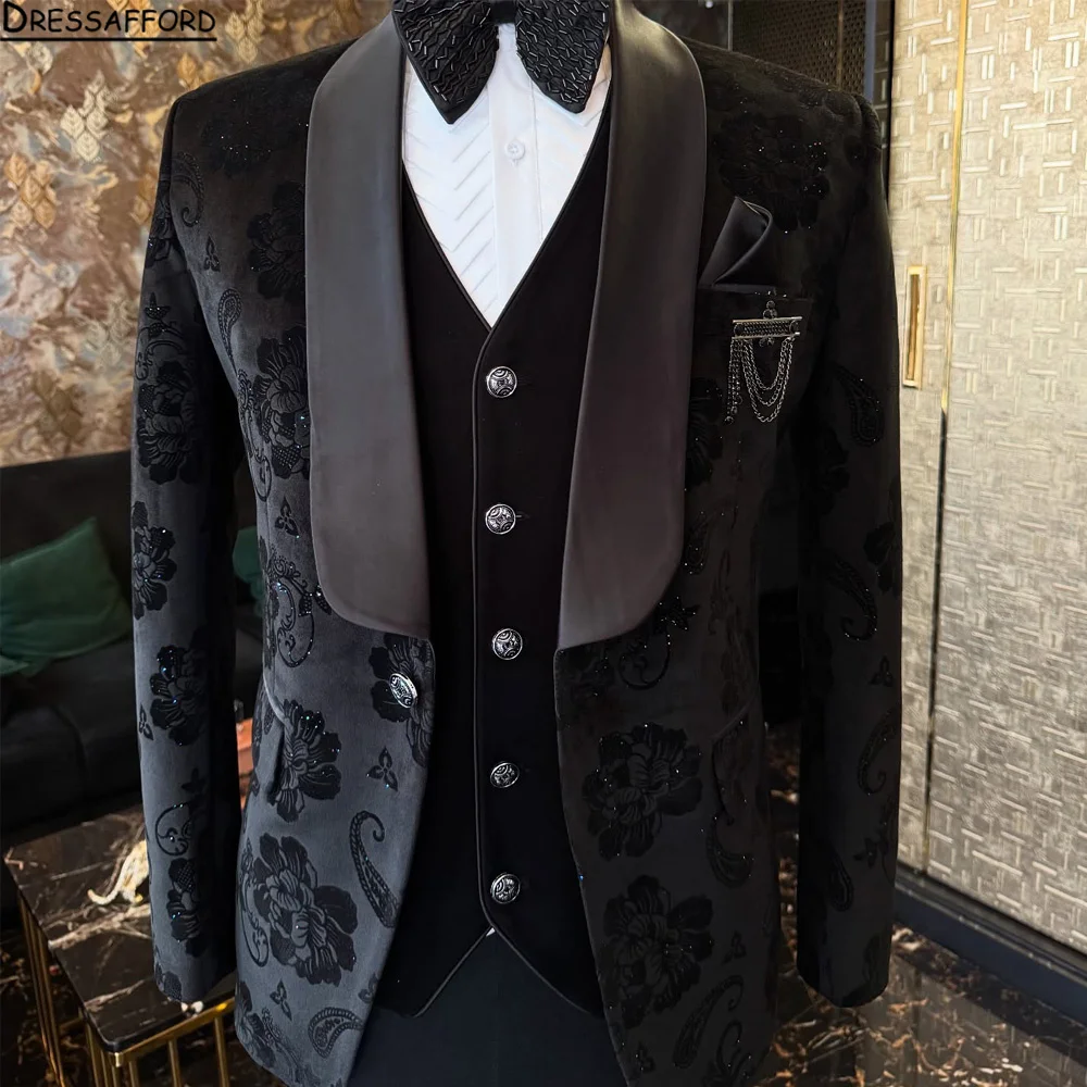 Handsome Jacquard Men Suits Single Breasted Shawl Lapel Blazer Pants Costume Elegant 2 Piece Party Prom Wedding Slim Fit Set