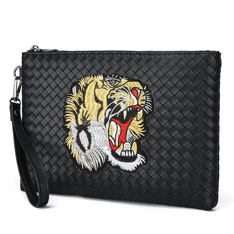 

Men Clutch Bag Embroidery Tiger Head Pattern Business Quality Soft knitting PU Leather Phone Handbag Casual Male Envelop Clutch