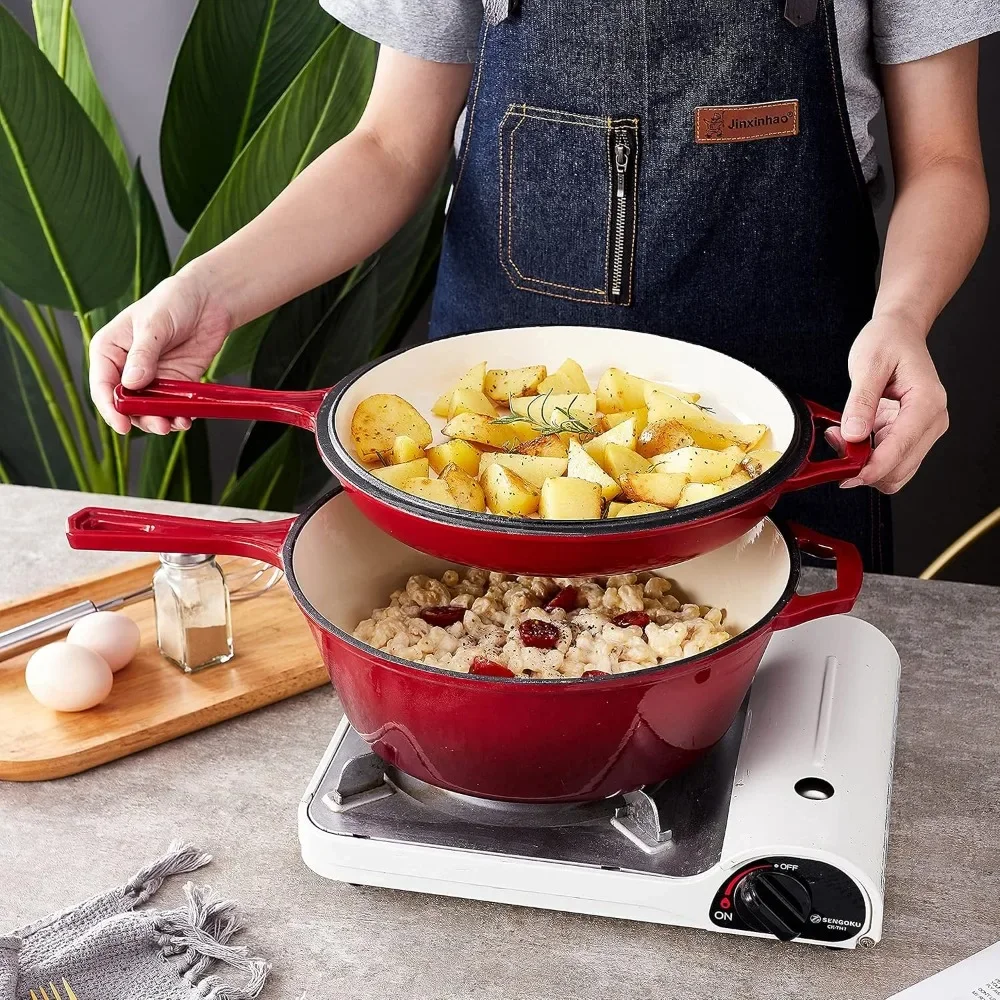 2-in-1 Cast Iron Enamel Oven with Lid, Combination of 11-inch Dutch Cast Iron Oven and Skillet