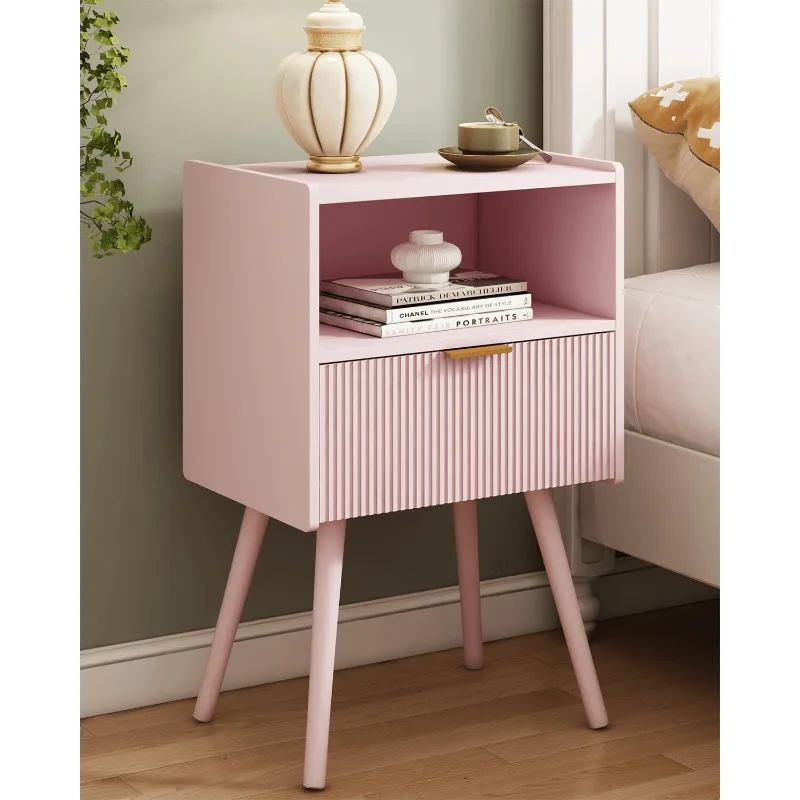 Pink Nightstand Modern Bedside Table with Storage Drawer and Open Wood Shelf for Living Room Bedroom and Small Spaces, Accent Ni