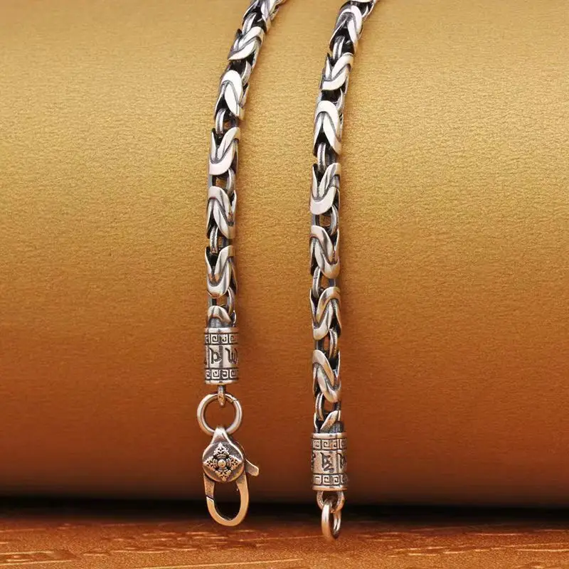 New 2025  S925 Silver Jewelry Retro 6MM Thick Six-Character Mantra Trendy Personality Man Necklaces