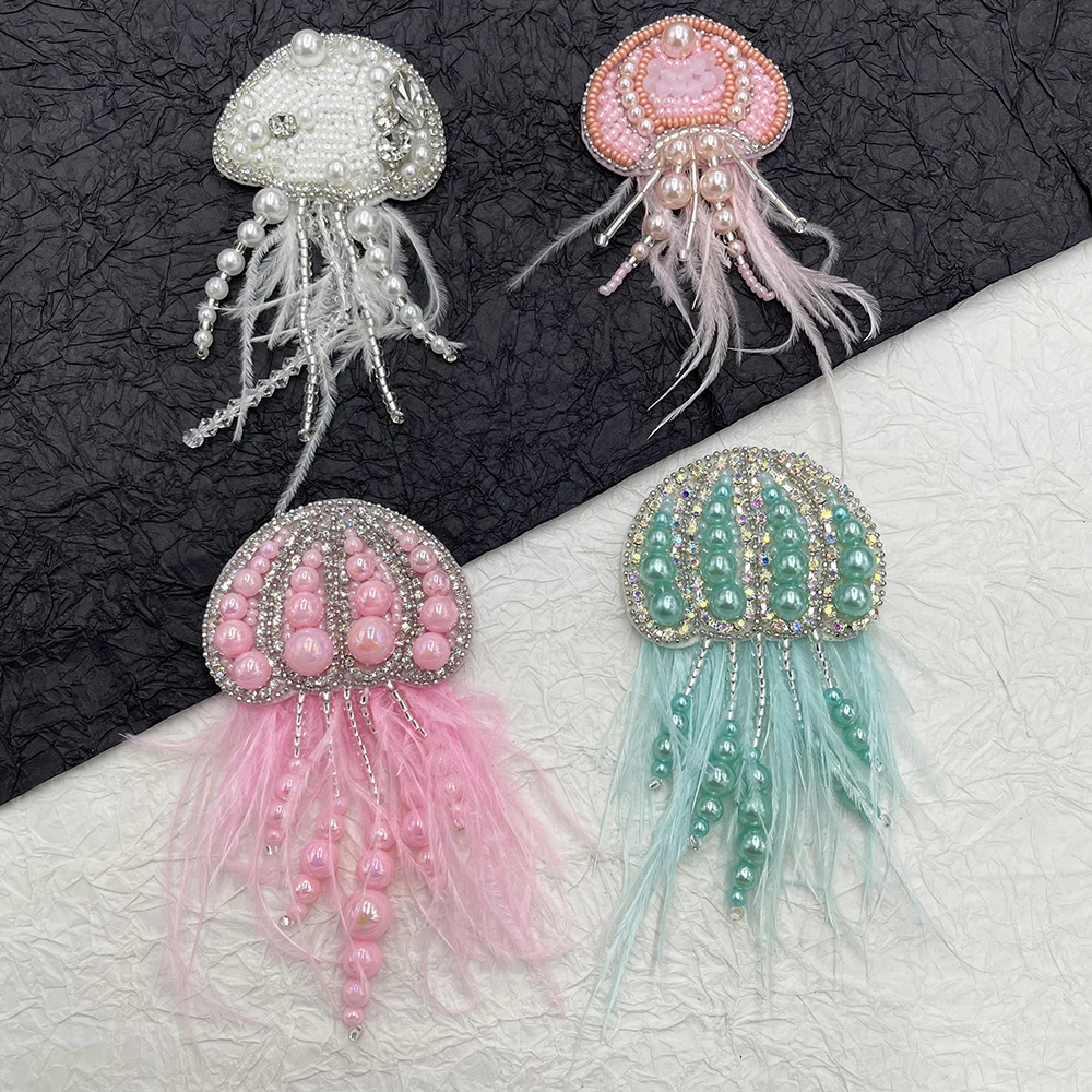 Beaded Rhinestone Patch Stickers Sewing Emblem Badge Tassel feathers Jellyfish DIY Clothes Applique Clothing Sewing Supplies