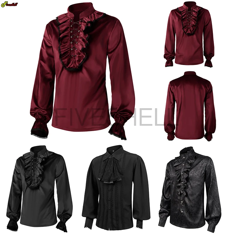 Medieval Men\'s Velvet Ruffle Vintage Shirts Victorian Blouse Long Sleeve Wine Red Lace Trim Steampunk Vampire Halloween Costume