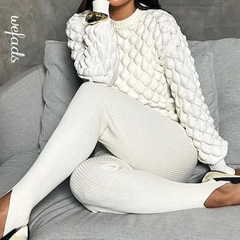 Wefads Women Sweater Autumn Winter Casual Solid White Round Neck Long Sleeve Knitted Pullover Loose Sweater High Streetwear