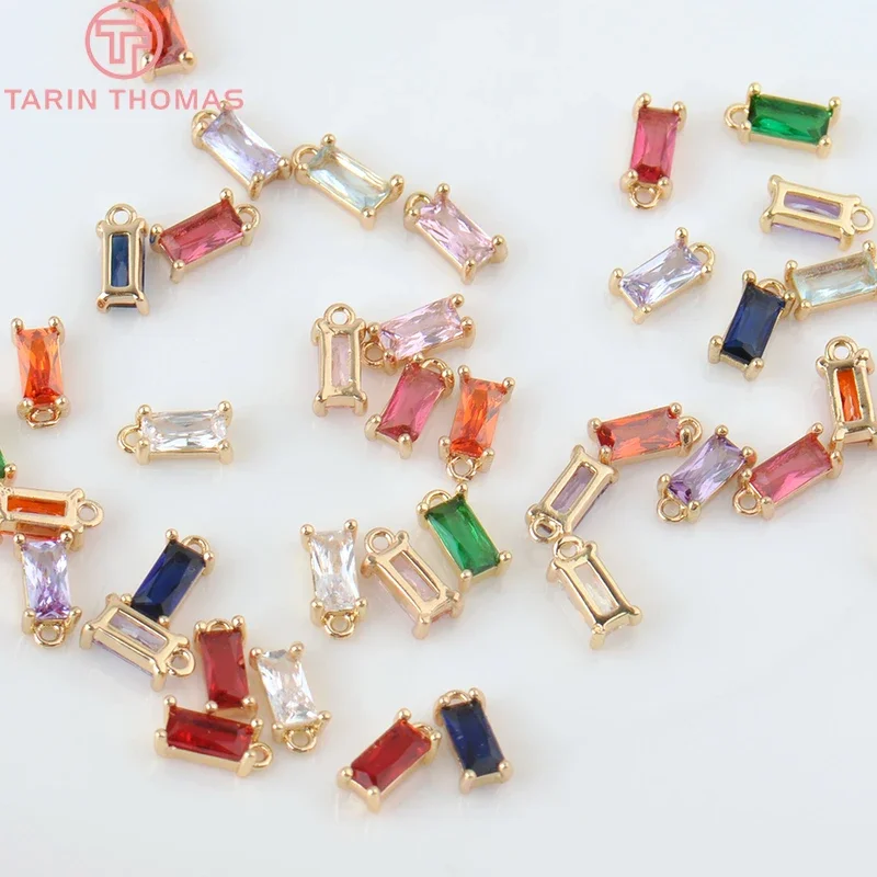 (1663)10PCS 8x4MM 24K Champagne Gold Color Brass with Glass Rectangle Charms Pendants for Jewelry Making Finding Accessories