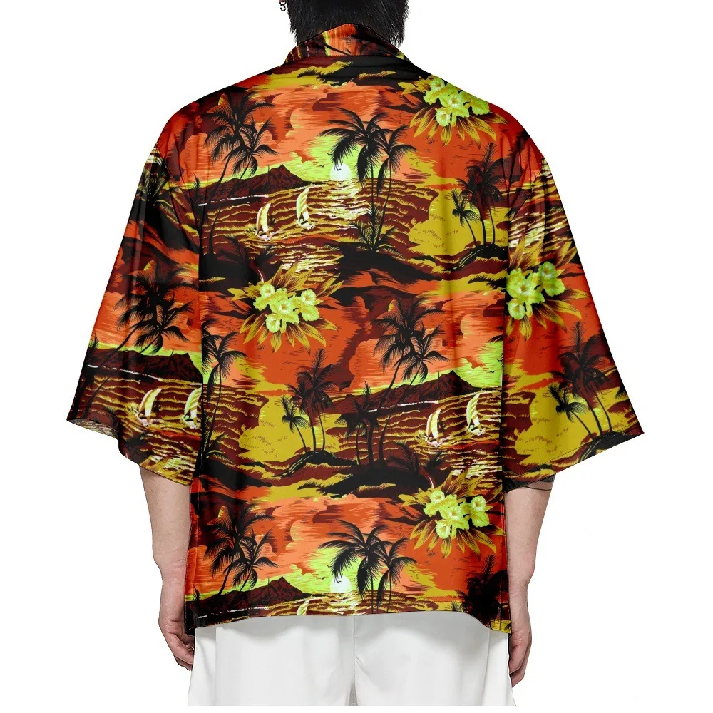 

Summer Samurai Kimono Men Cosplay Japanese Fashion Coconut Tree Print Haori Streetwear Kimono Yukata Cardigan Stylish Robe