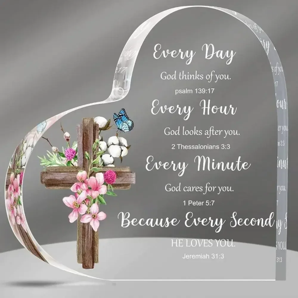 Wooden Cross Pink Flower Cotton Heart Clear Acrylic Block Scripture Faith Tabletop Keepsake