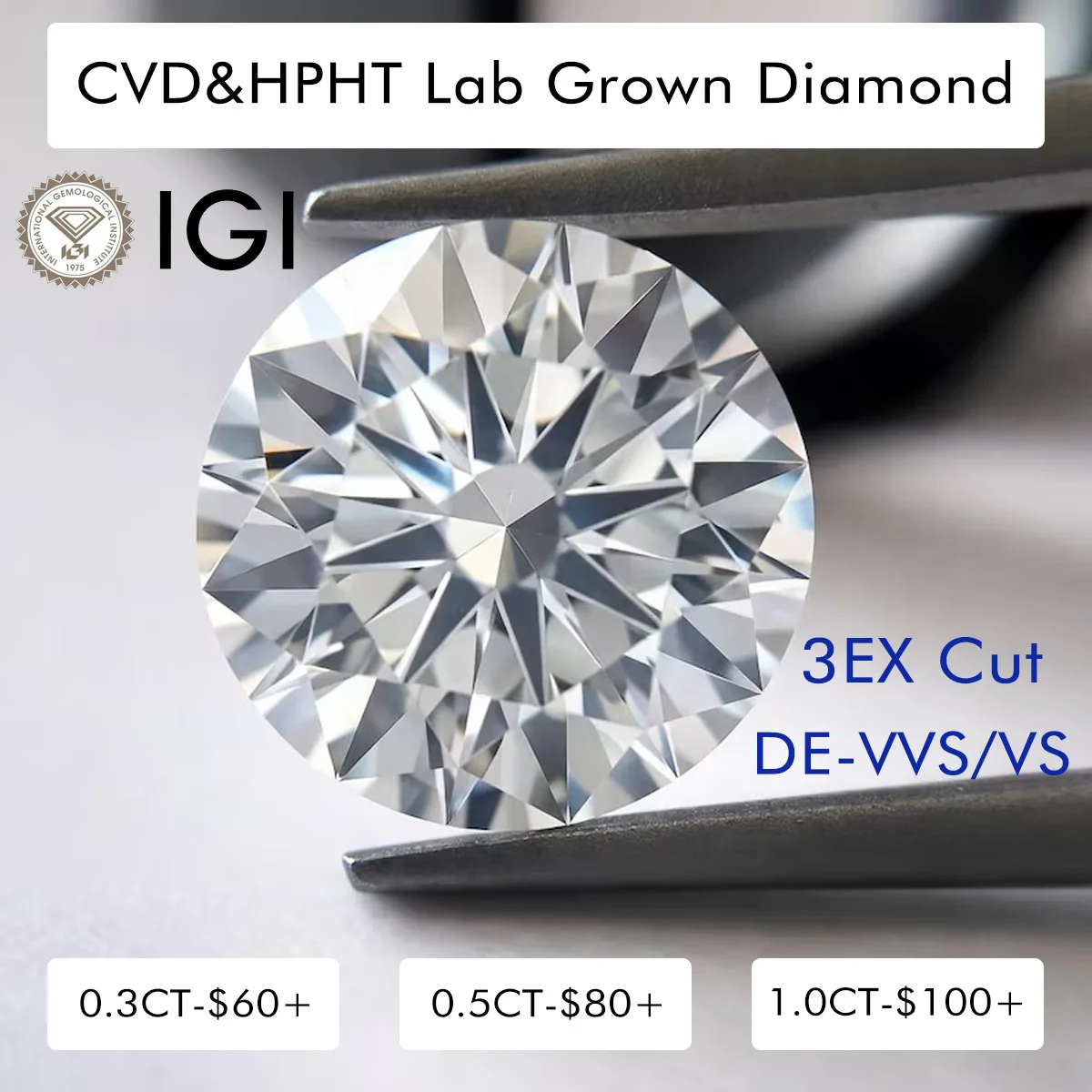 

Выращенные в лаборатории бриллианты круглой огранки 0,3-3,0 карата, сертифицированные IGI, CVD&HPHT DE, VVS/VS, круглые, настоящие синтетические бриллианты.