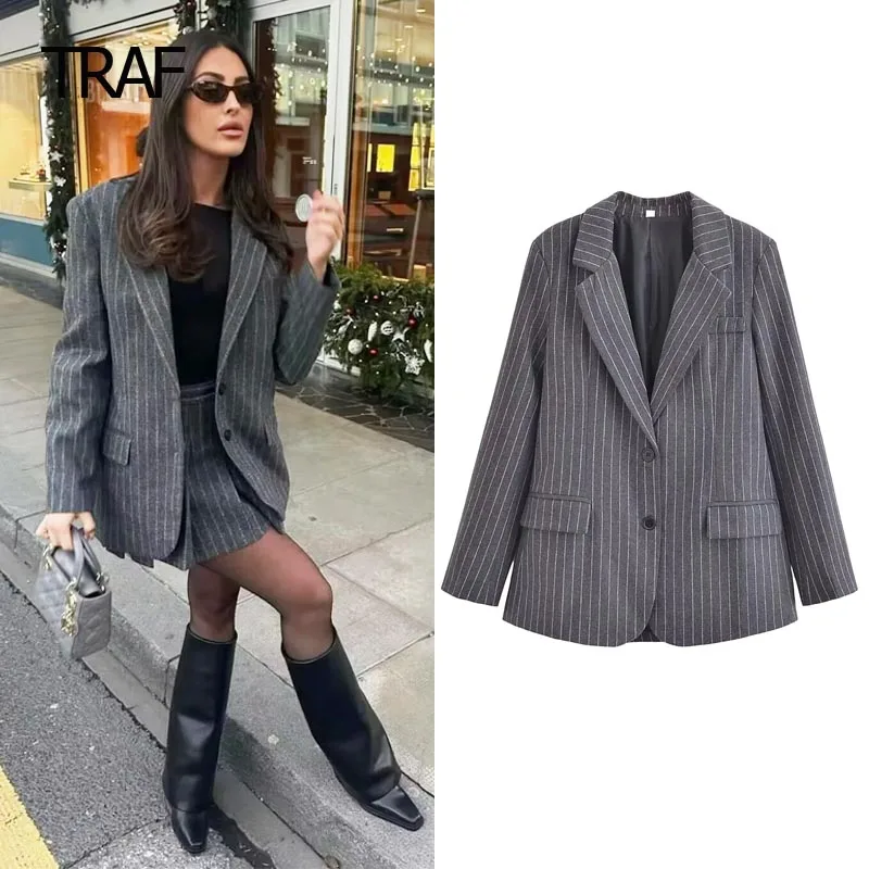 

TRAF Striped Blended Blazers Women's Blazer Tailoring Autumn Winter Long Sleeve Top New In Outerwears Office Wear Professional