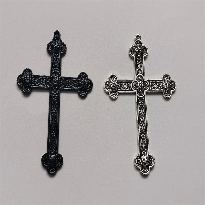 3pcs Silver Color Black 80x54mm Flower Cross Charms Jesus Faith Pendant Jewelry Making DIY Handmade Craft Accessories Wholesale