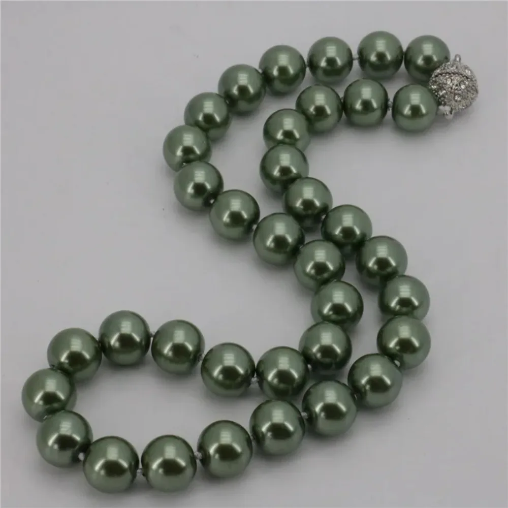 New Arrival 12mm Army Green South Shell Pearl Round Beads Necklace Wholesale Women Jewelry Beautiful New Magnet Clasp Grade