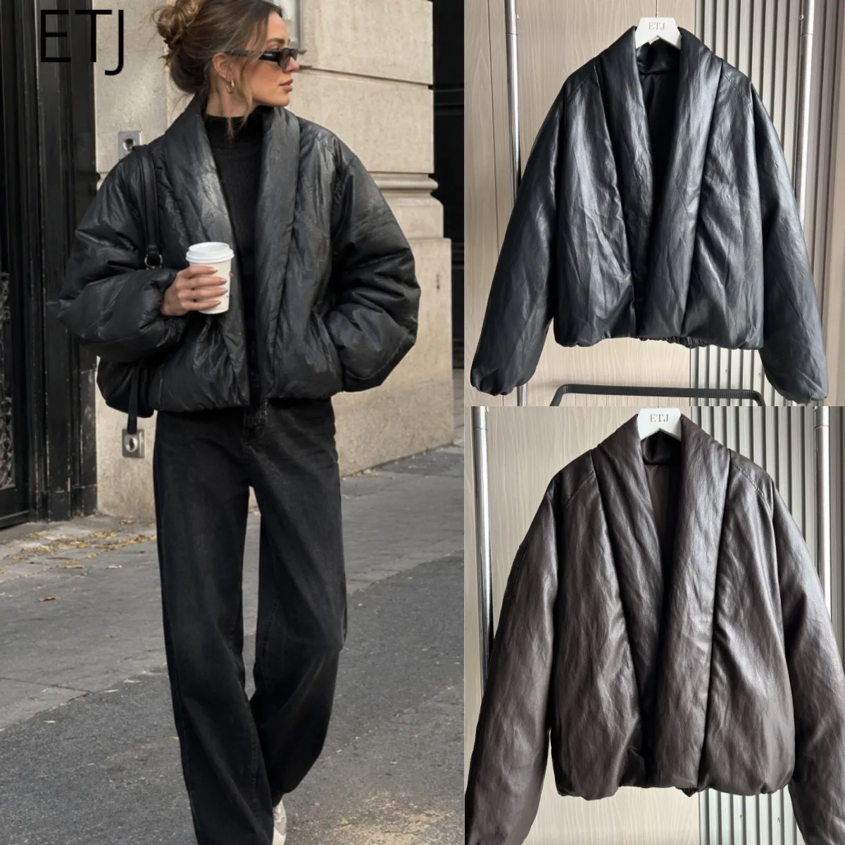 ETJ 2026 Women Autumn Winter Shawl Collar Faux Leather Padded Jacket Oversized Cropped Open Front Puffer Coat Warm Outerwear