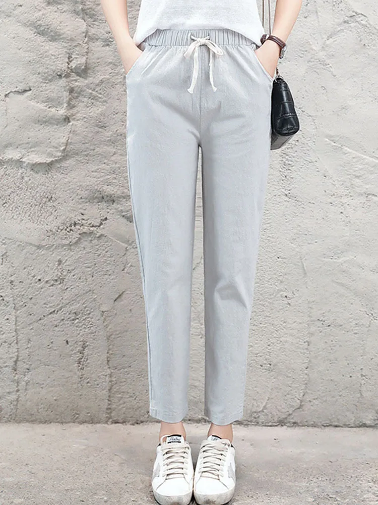 

Women Casual Long Ankle Length Trousers 2024 Summer Autumn Elastic Waist Soft High Quality Cotton Linen Pants