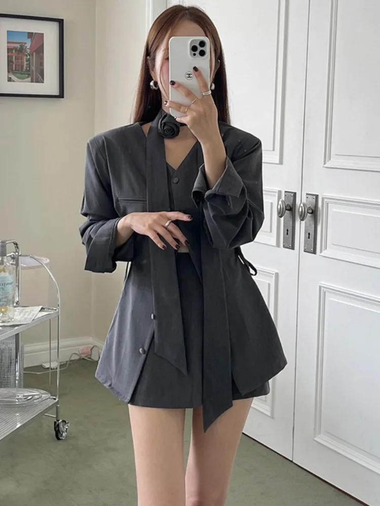 

Chic Vintage Single-Button V-Neck Belted Waist Cardigan Coat Skirt Set Fashionable Spring Autumn Winter Women's Outfit
