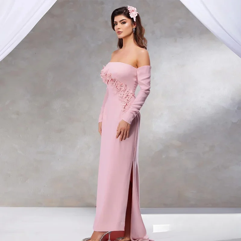 CustomizedEvening Dress Custom Color Strapless Long Sleeves Handmade Flowers Side Slit Jersey Saudi Arab Prom Gown Party Dresses