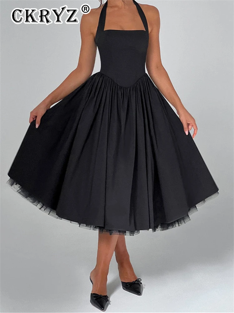 Senhoras verão 2 camadas elegante vestido de festa à noite feminino sem mangas sem costas halter maxi vestidos clube streetwear roupas femininas