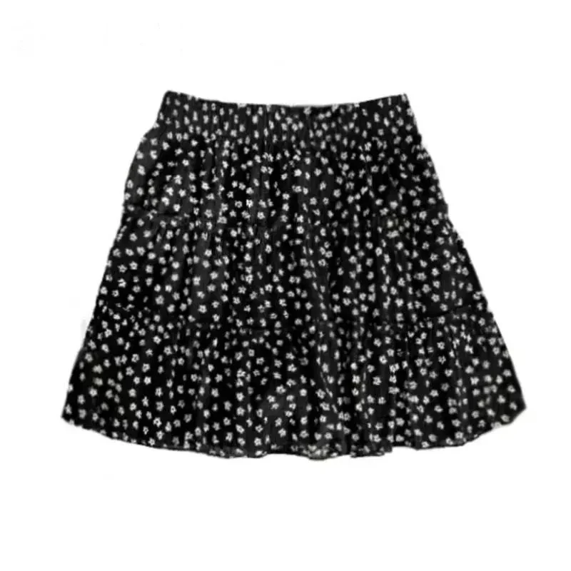 Falda coreana con estampado Floral para mujer, minifalda negra elegante, ropa de calle informal, 2024