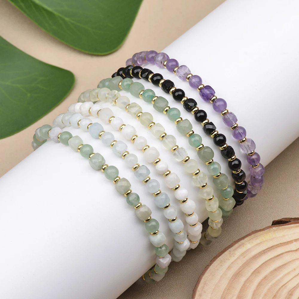 Natural Stone Amethyst Black Spinel Prehnite Moonstone Faceted Cubes and Round Beads Bracelet For Women Jewelry