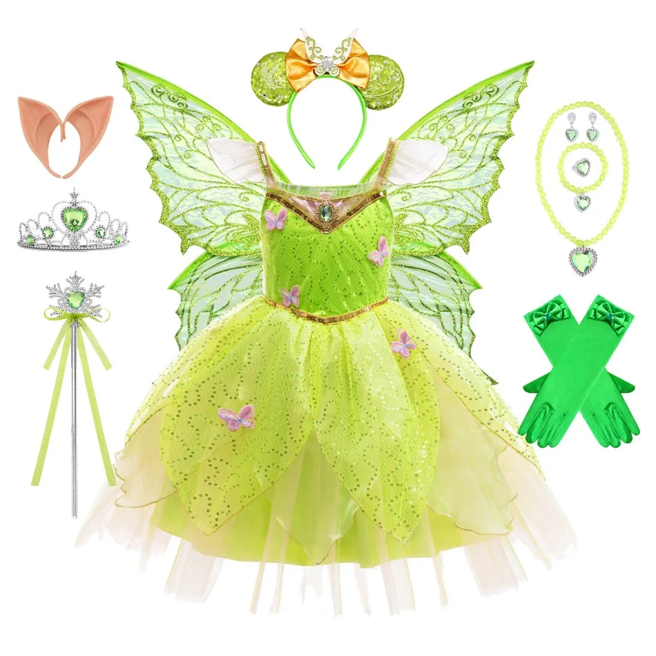 Girls Green Tinkerbell Dress Up Costumes Children Fairy Butterfly Dress Green Flowers Flying Perfermance Disguised Tinker Bell