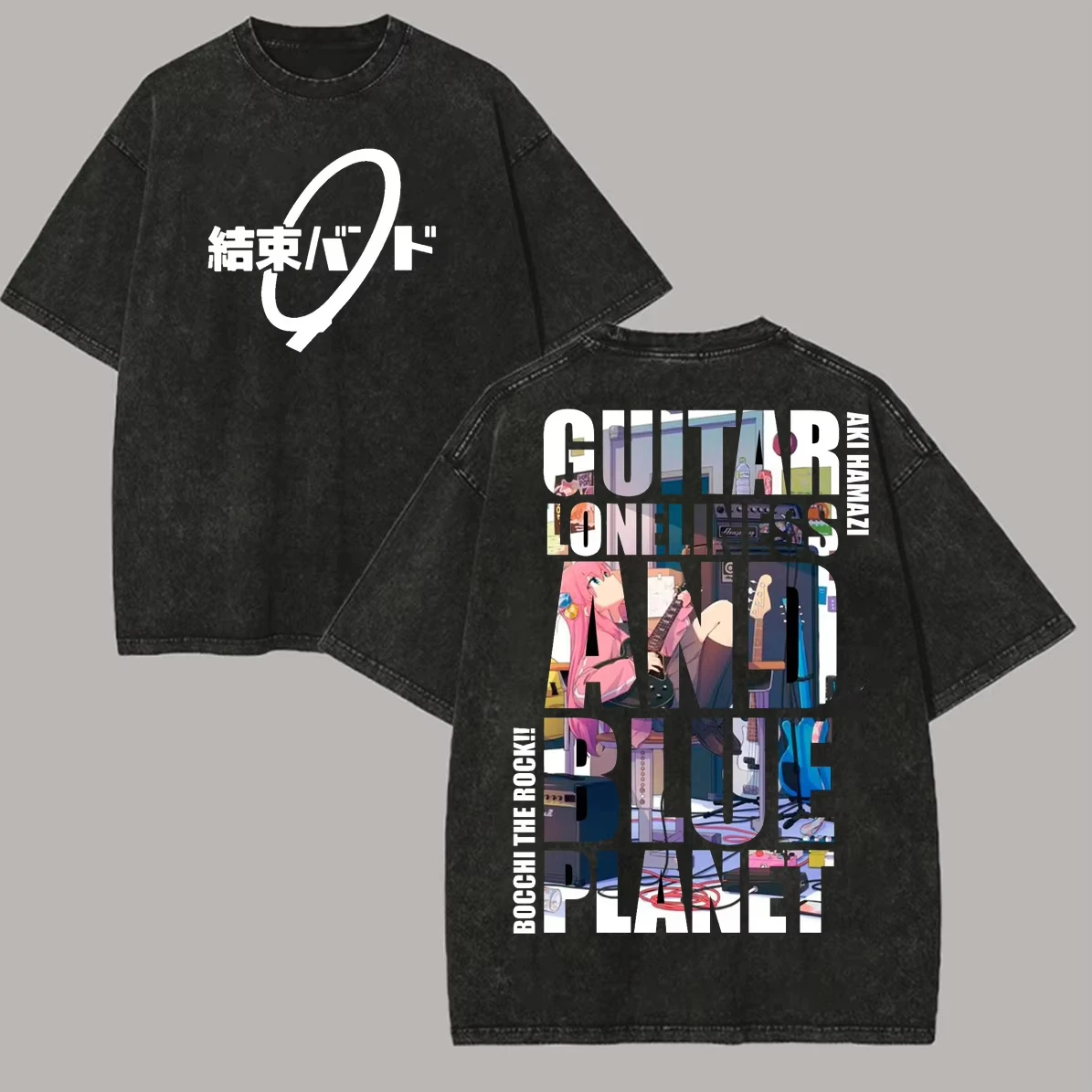 Hot Sale Anime Bocchi Club Music Band Graphic Print T-shirt Men Women Vintage Washed O-neck Cotton Oversized Top Summer New Tee