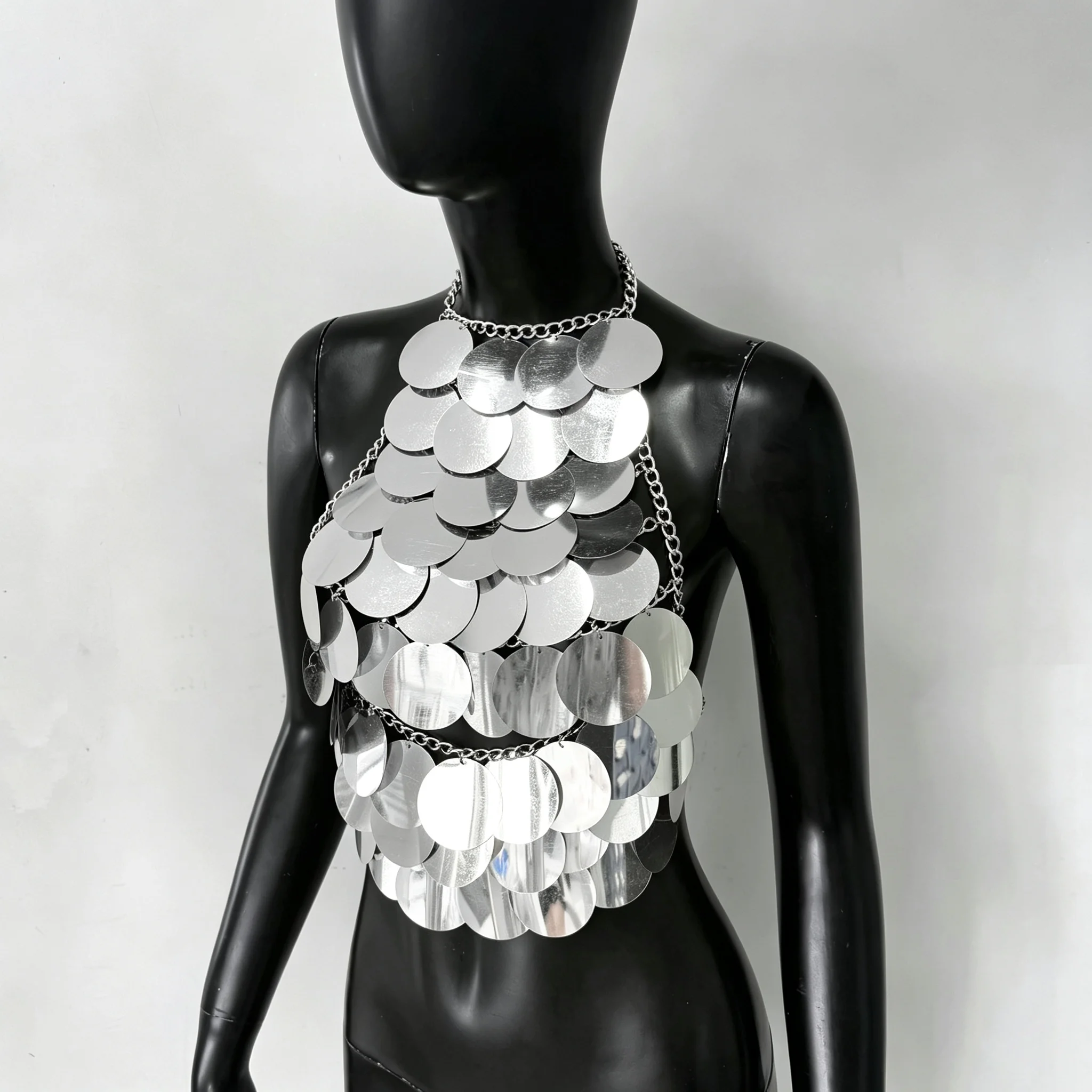 Damen Metall-Pailletten Rückenfreies Top Sexy Ausgeschnittenes Neckholder-Oberteil Handgefertigtes Träger-Top Rave Festival Party Tanktop Crop Top – Detail 11