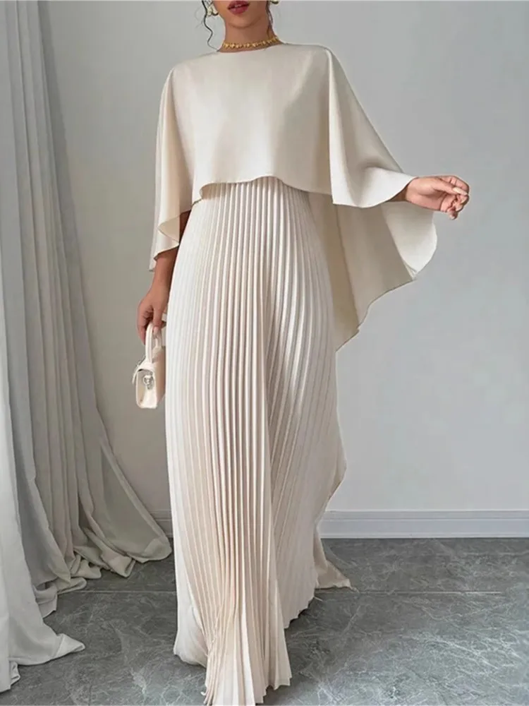 

Autumn And Winter Irregular Elegant Dress Women's Fashion Loose Bat Long-sleeved Pleated Round-neck Commuting Casual Long Skirt