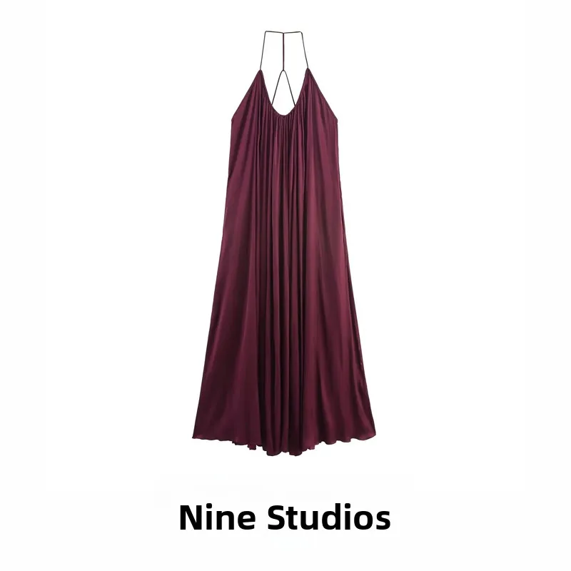 Długa satynowa sukienka na ramiączkach z jedwabiu, z dekoltem typu halter, casualowa, w stylu H, z włókna poliestrowego, na sezon letni, damska.