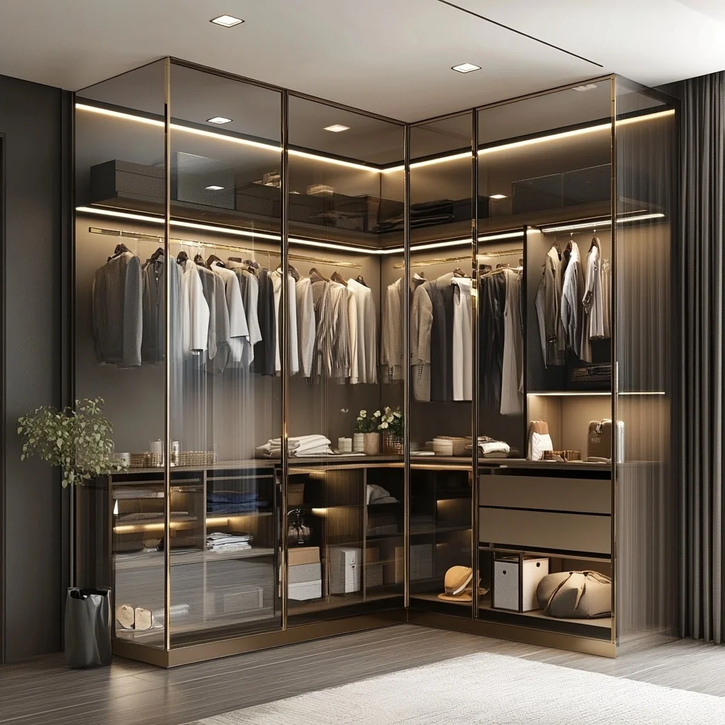 

Open Glass Door Cloakroom Customized Light Luxury Wardrobe Bedroom Wall Overall Aluminum Alloy Melamine Furniture Wardrobes