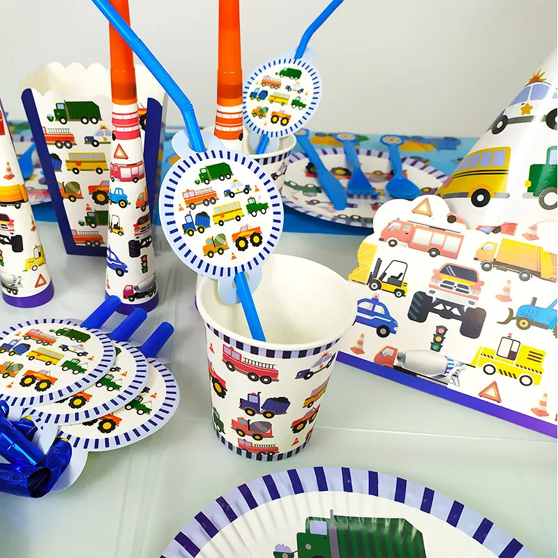 Kids Favors Construction Engineering Vehicles Theme Birthday Party  Plates Cups Flags Napkin Straws cup popcornbox Supplies