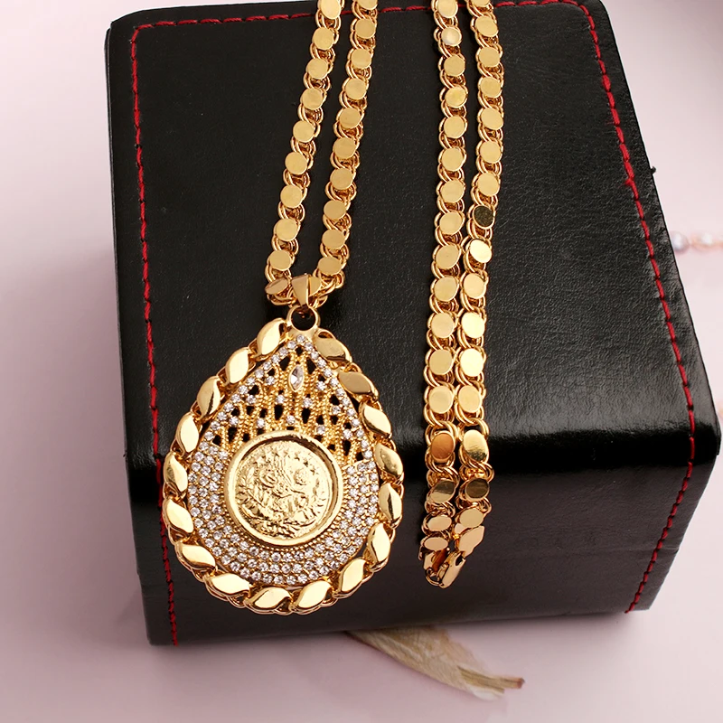 Water Drop Pendant Necklace Copper Gold Plated Turkish Coin Jewelry Necklace Chain for Women Middle East Bridal Accessory