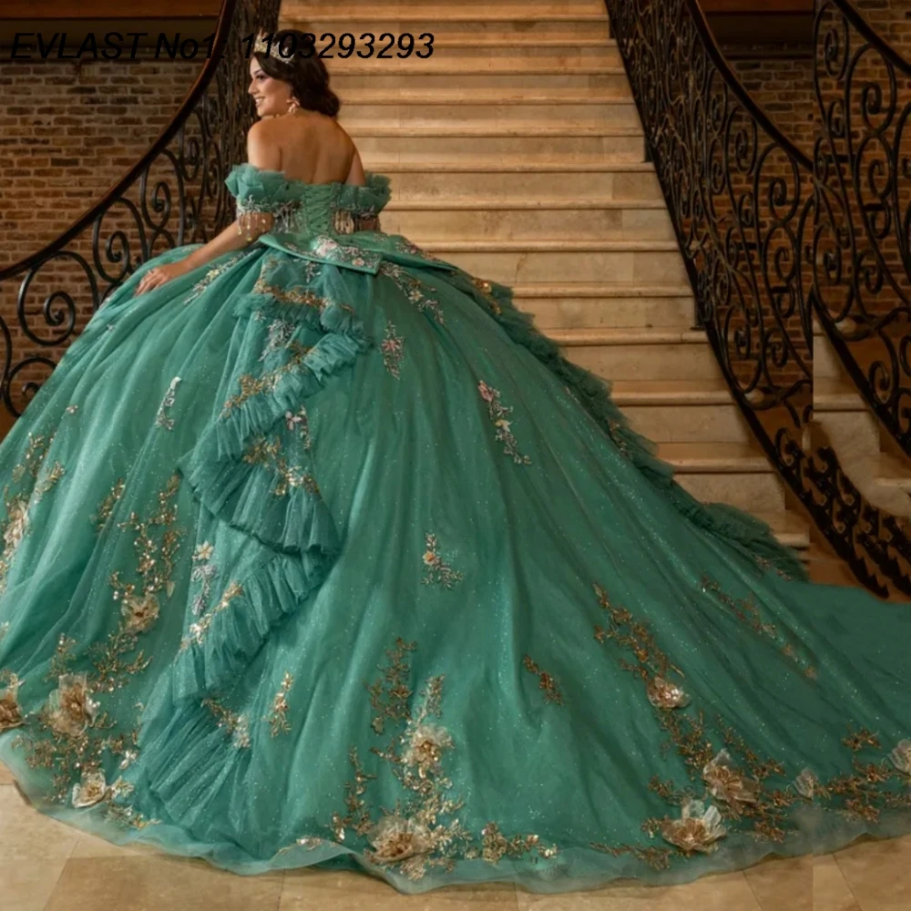 EVLAST カスタムグリッターグリーン キンセアニェーラドレス ボールガウン ゴールドレースアップリケ ビーズ装飾 リボン付き スイート16 ベスティドス デ 15 アニョス E1QN762