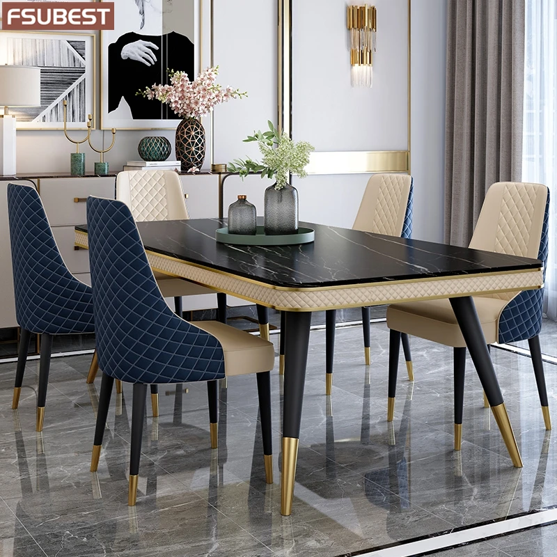 Designer Luxury Dinning Room Rock Slab Dining Table Set 6 Chairs Mesa De Jantar Comedor Posta Furniture Carbon Steel Base