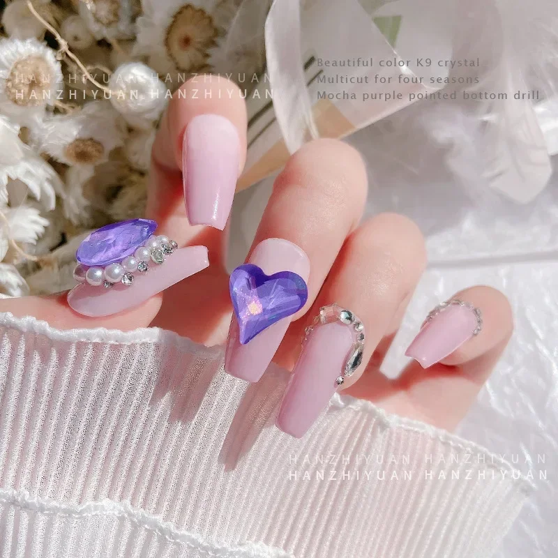 K9 Purple puntiagudo inferior corazón cristal taladros brillantes encanto diamantes de imitación Y2K manicura arte de uñas decoraciones DIY accesorios al por mayor