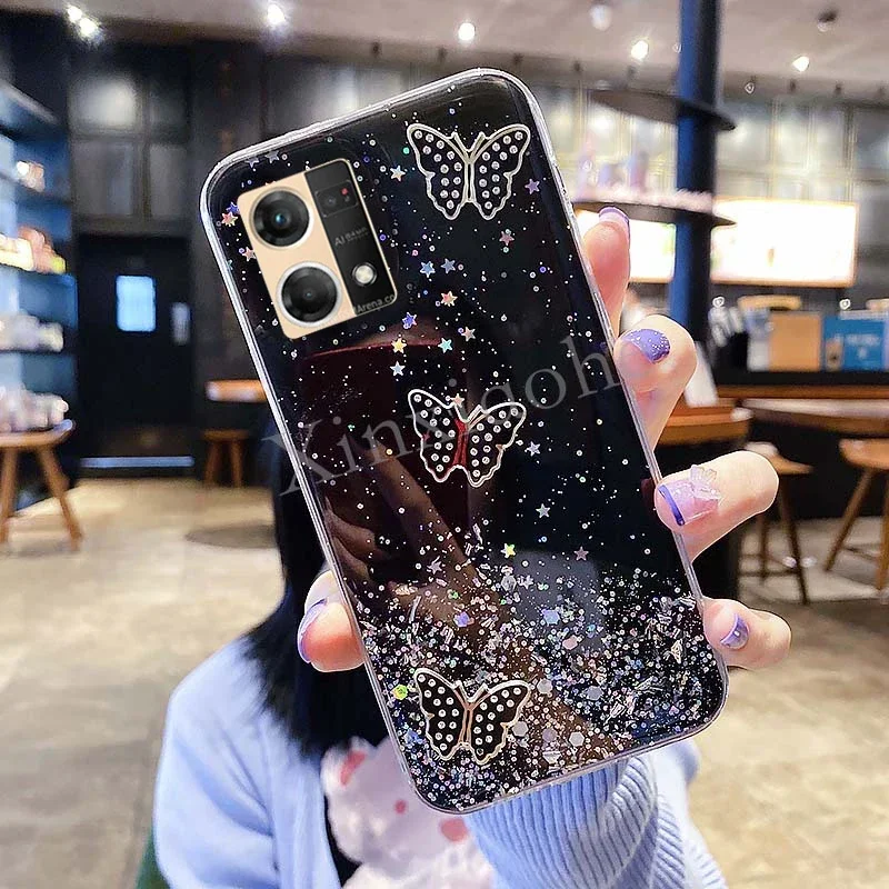 Phone case for OPPO Reno7 4G butterfly Soft Transparent Bling Glitter cover Reno 7 4G