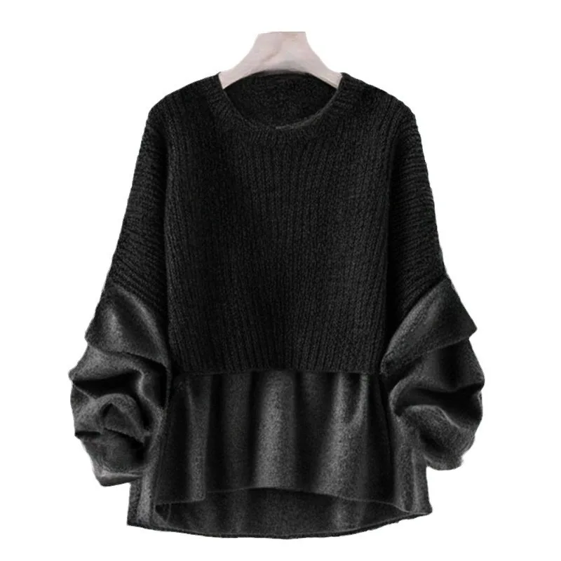 2025 가을/겨울 새로운 라운드 넥 모직 가짜 투피스 탑 스플라이싱 트렌디 긴 소매 루즈