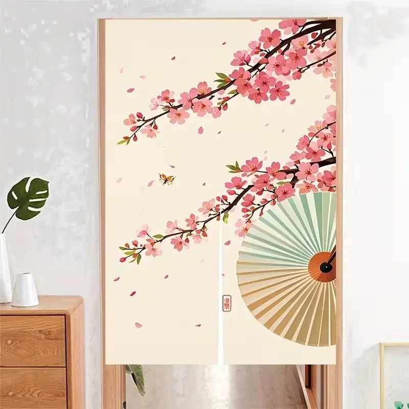 VIKAMA Kawaii Cute Sushi Torii Noren Door Curtain Sakura Wave Half Doorway Curtain for Kitchen Bedroom Home Room Decor