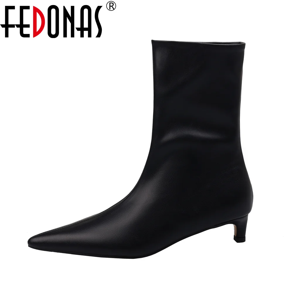 

FEDONAS Sexy Women Genuine Leather Mid-calf Boots Pointed Toe Black Warm Party Dance Shoes Woman Autumn Winter Fashion Boots